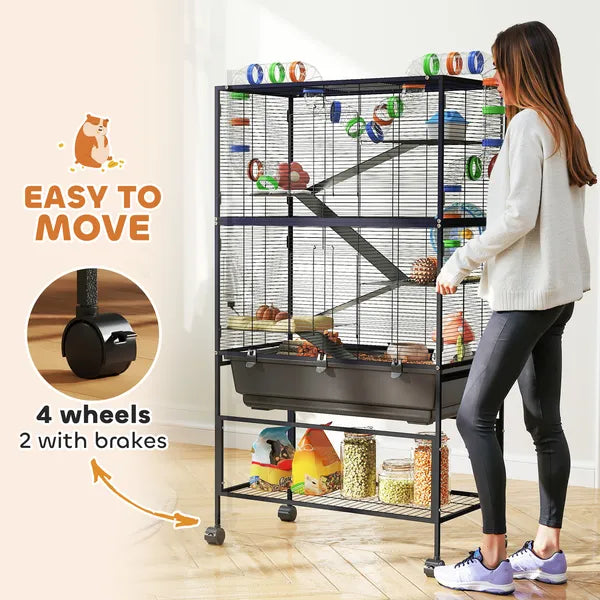 PawHut 5 Tier Hamster Cage, Rolling Rat Cage with Deep Tray, Storage Shelf, Big Exercise Wheel, Hut, Tube System - product image 8