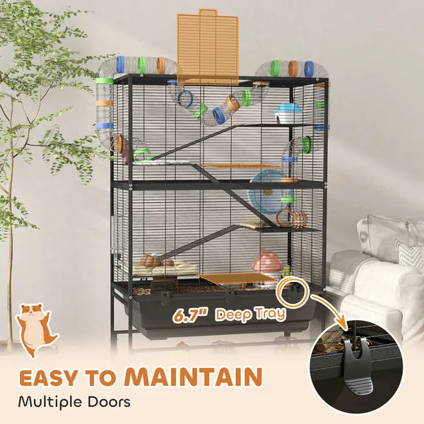 PawHut 5 Tier Hamster Cage, Rolling Rat Cage with Deep Tray, Storage Shelf, Big Exercise Wheel, Hut, Tube System - product image 6