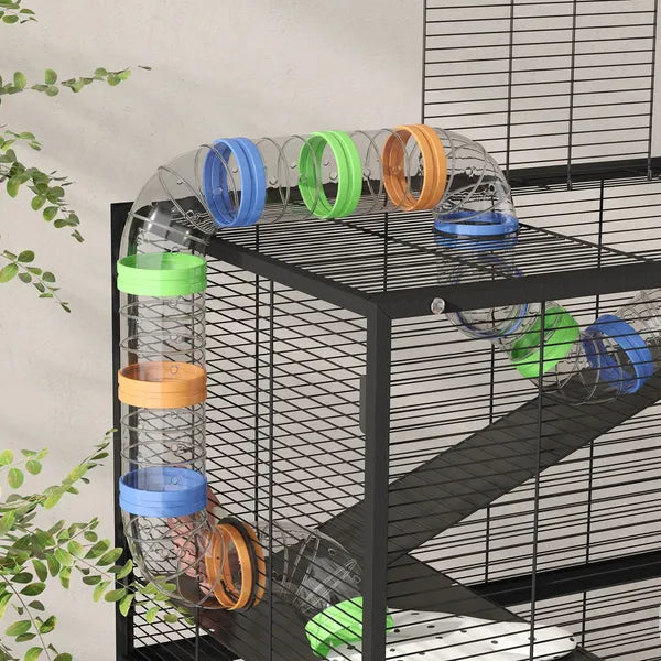 PawHut 5 Tier Hamster Cage, Rolling Rat Cage with Deep Tray, Storage Shelf, Big Exercise Wheel, Hut, Tube System - product image 9