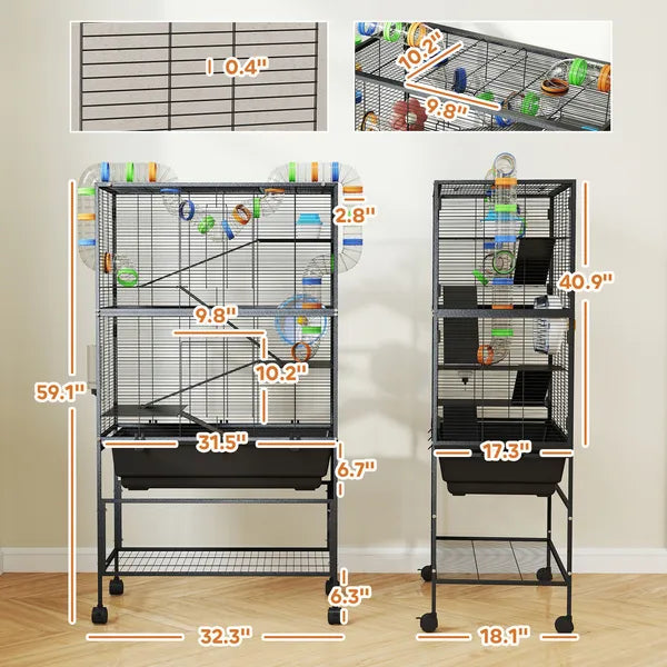 PawHut 5 Tier Hamster Cage, Rolling Rat Cage with Deep Tray, Storage Shelf, Big Exercise Wheel, Hut, Tube System - product image 3