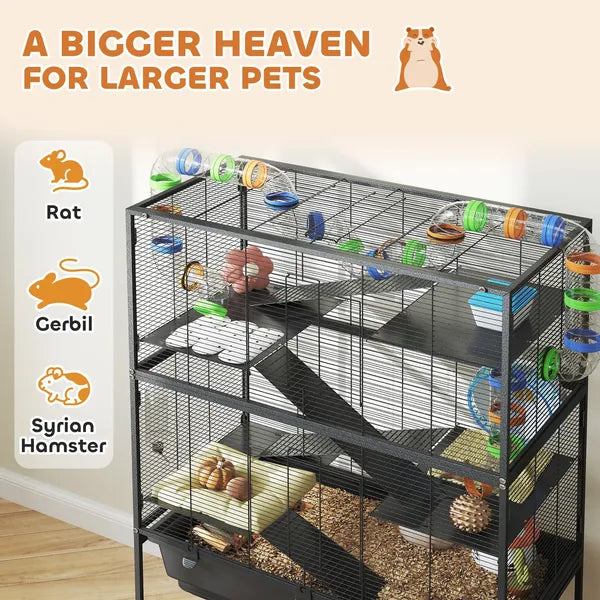 PawHut 5 Tier Hamster Cage, Rolling Rat Cage with Deep Tray, Storage Shelf, Big Exercise Wheel, Hut, Tube System - product image 4