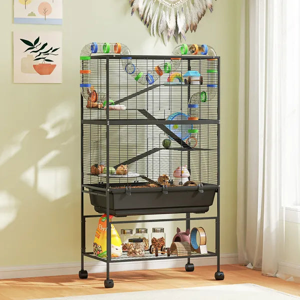 PawHut 5 Tier Hamster Cage, Rolling Rat Cage with Deep Tray, Storage Shelf, Big Exercise Wheel, Hut, Tube System - product image 2