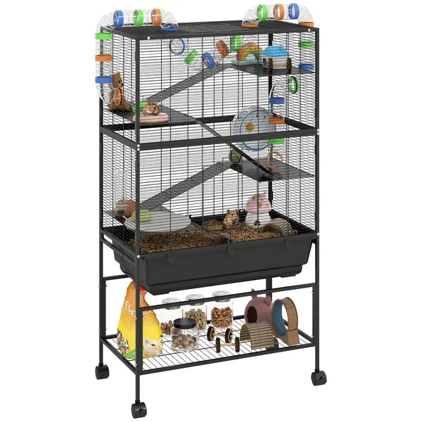 PawHut 5 Tier Hamster Cage, Rolling Rat Cage with Deep Tray, Storage Shelf, Big Exercise Wheel, Hut, Tube System - product image 11