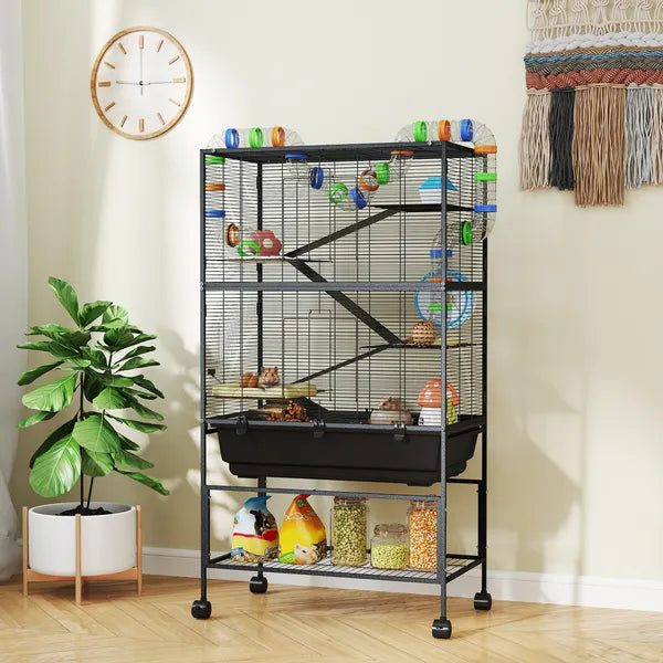PawHut 5 Tier Hamster Cage, Rolling Rat Cage with Deep Tray, Storage Shelf, Big Exercise Wheel, Hut, Tube System - product image 10