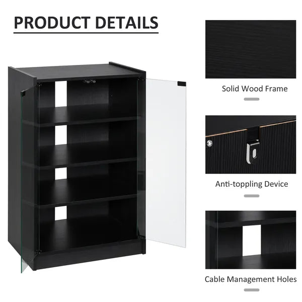 5-Tier Media Stand Cabinet with Adjustable Shelves, Tempered Glass Door for TV Gaming Consoles DVD Player Receiver, Black - product image 6