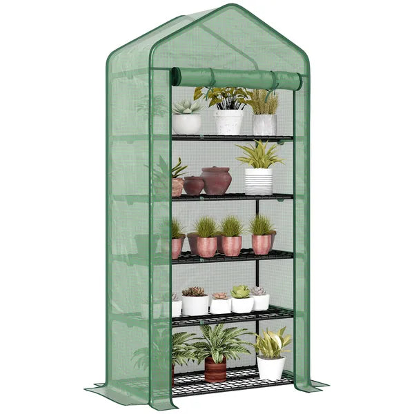 Outsunny 5 Tier Mini Greenhouse, Small Portable Greenhouse with PE Cover, Roll-Up Zippered Door, 76" x 35.4" x 19.3", Green - product image 11
