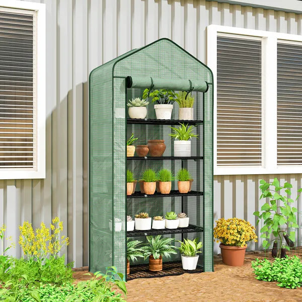 Outsunny 5 Tier Mini Greenhouse, Small Portable Greenhouse with PE Cover, Roll-Up Zippered Door, 76" x 35.4" x 19.3", Green - product image 2