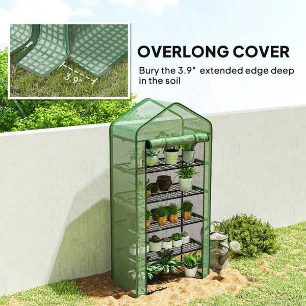 Outsunny 5 Tier Mini Greenhouse, Small Portable Greenhouse with PE Cover, Roll-Up Zippered Door, 76" x 35.4" x 19.3", Green - product image 8