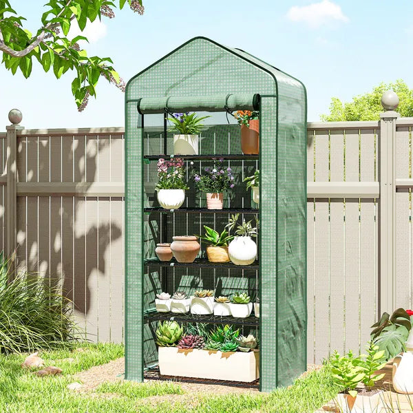 Outsunny 5 Tier Mini Greenhouse, Small Portable Greenhouse with PE Cover, Roll-Up Zippered Door, 76" x 35.4" x 19.3", Green - product image 10