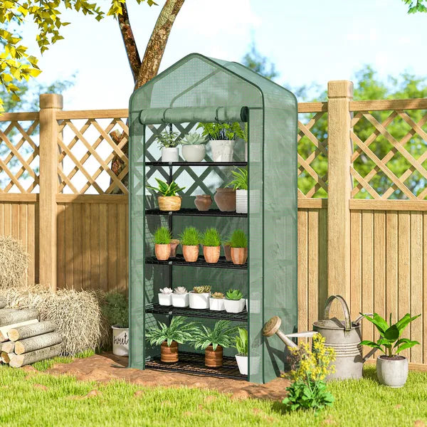 Outsunny 5 Tier Mini Greenhouse, Small Portable Greenhouse with PE Cover, Roll-Up Zippered Door, 76" x 35.4" x 19.3", Green - product image 9
