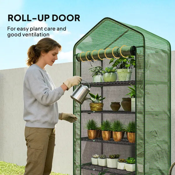 Outsunny 5 Tier Mini Greenhouse, Small Portable Greenhouse with PE Cover, Roll-Up Zippered Door, 76" x 35.4" x 19.3", Green - product image 7