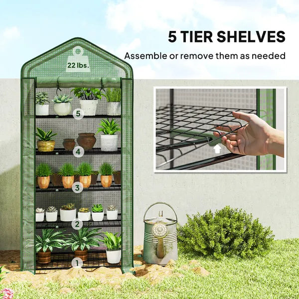 Outsunny 5 Tier Mini Greenhouse, Small Portable Greenhouse with PE Cover, Roll-Up Zippered Door, 76" x 35.4" x 19.3", Green - product image 5