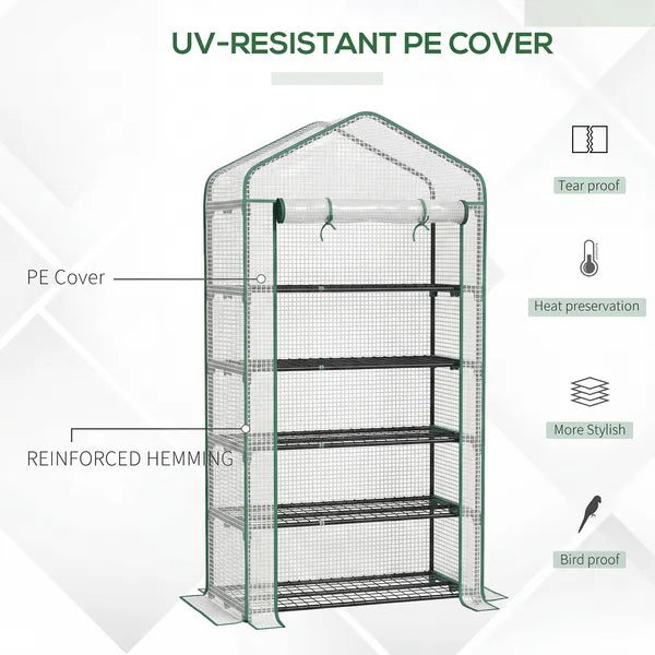 Outsunny 5 Tier Mini Greenhouse, Small Portable Greenhouse with PE Cover, Roll-Up Zippered Door, 76 Inch x 35.4 Inch x 19.3 Inch, White - product image 6