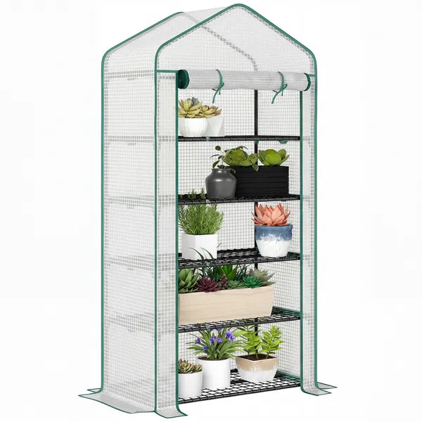 Outsunny 5 Tier Mini Greenhouse, Small Portable Greenhouse with PE Cover, Roll-Up Zippered Door, 76 Inch x 35.4 Inch x 19.3 Inch, White - product image 11