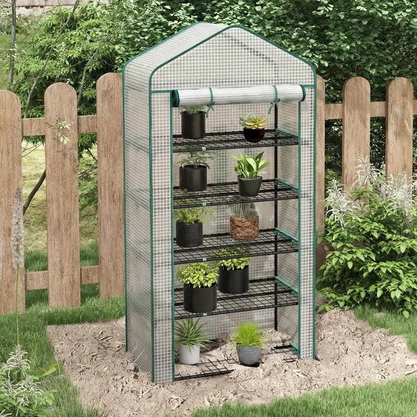 Outsunny 5 Tier Mini Greenhouse, Small Portable Greenhouse with PE Cover, Roll-Up Zippered Door, 76 Inch x 35.4 Inch x 19.3 Inch, White - product image 2
