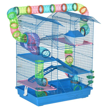PawHut 5 Tiers Hamster Cage, Extra Large, Small Animal House, Wheels, Tubes, Water Bottle, Ladder, Blue - product image 1