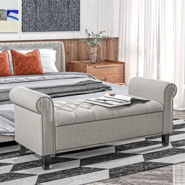 HOMCOM 50 Inches Storage Ottoman Bench, End of Bed Storage Bench with Rolled Arms, Wood Legs, Button Tufted Storage Bench, Gray - product image 2