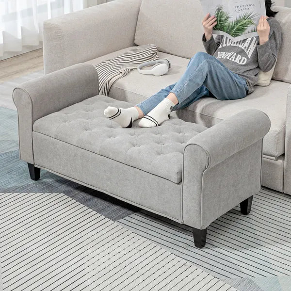 HOMCOM 50 Inches Storage Ottoman Bench, End of Bed Storage Bench with Rolled Arms, Wood Legs, Button Tufted Storage Bench, Gray - product image 10