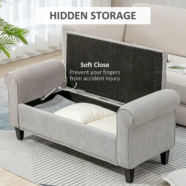 HOMCOM 50 Inches Storage Ottoman Bench, End of Bed Storage Bench with Rolled Arms, Wood Legs, Button Tufted Storage Bench, Gray - product image 4