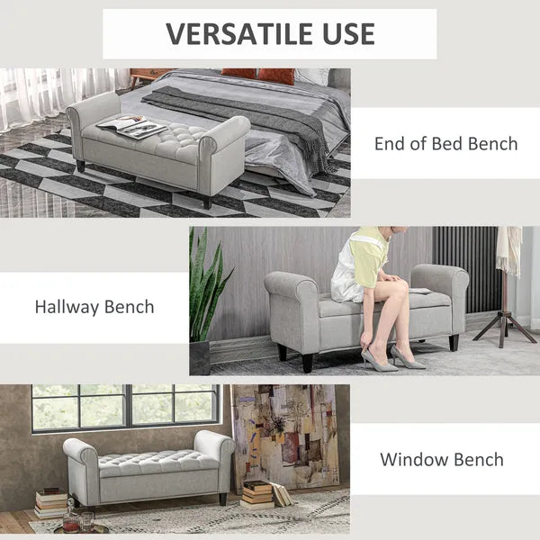 HOMCOM 50 Inches Storage Ottoman Bench, End of Bed Storage Bench with Rolled Arms, Wood Legs, Button Tufted Storage Bench, Gray - product image 7