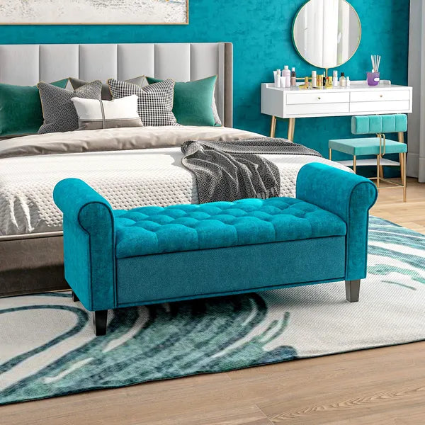 HOMCOM 50 Inches Storage Ottoman Bench, End of Bed Storage Bench with Rolled Arms, Wood Legs, Button Tufted Storage Bench, Teal - product image 2