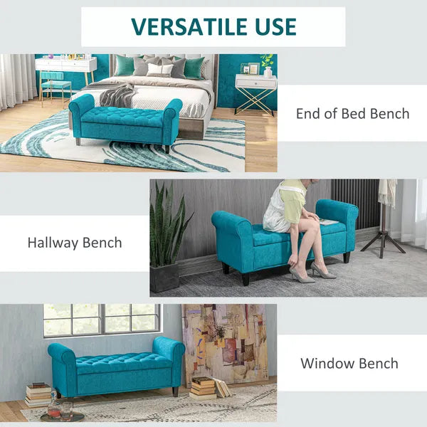 HOMCOM 50 Inches Storage Ottoman Bench, End of Bed Storage Bench with Rolled Arms, Wood Legs, Button Tufted Storage Bench, Teal - product image 7