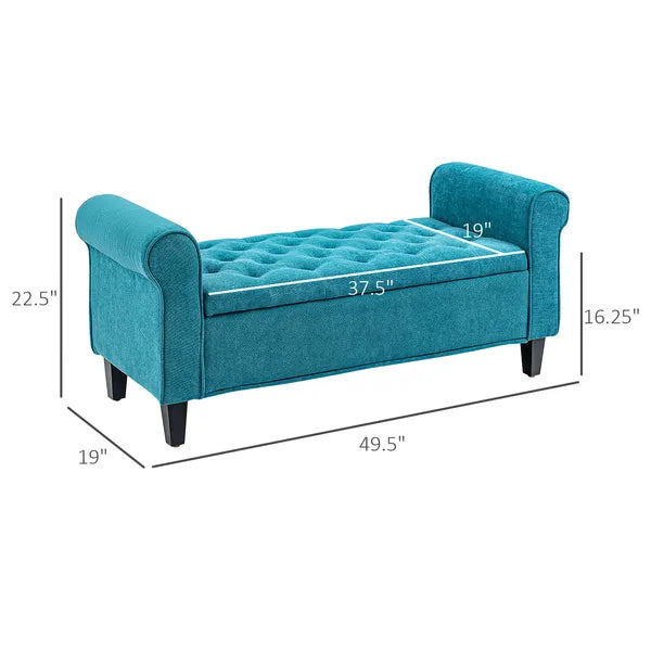 HOMCOM 50 Inches Storage Ottoman Bench, End of Bed Storage Bench with Rolled Arms, Wood Legs, Button Tufted Storage Bench, Teal - product image 3
