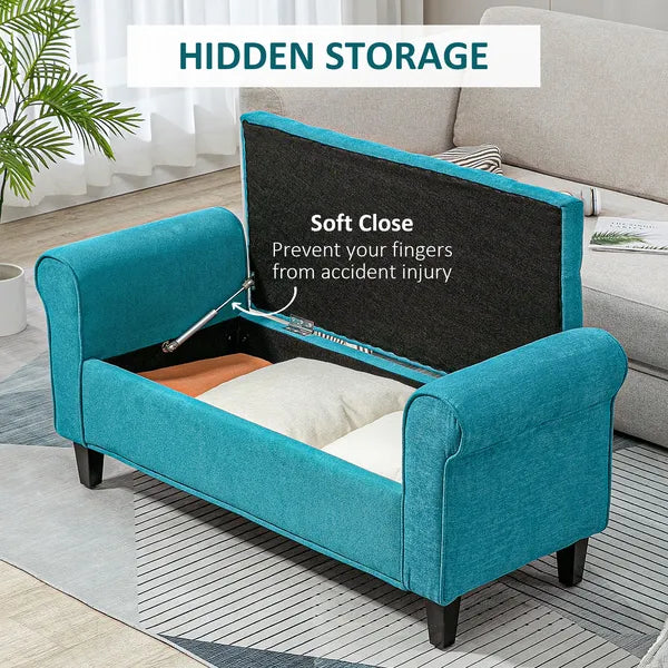 HOMCOM 50 Inches Storage Ottoman Bench, End of Bed Storage Bench with Rolled Arms, Wood Legs, Button Tufted Storage Bench, Teal - product image 4