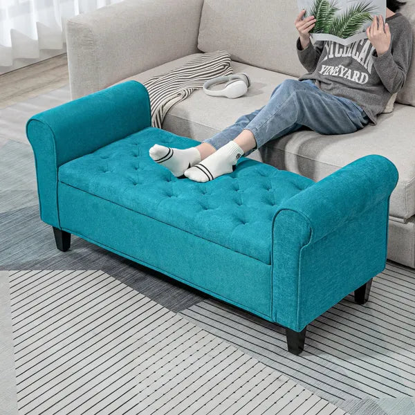 HOMCOM 50 Inches Storage Ottoman Bench, End of Bed Storage Bench with Rolled Arms, Wood Legs, Button Tufted Storage Bench, Teal - product image 10