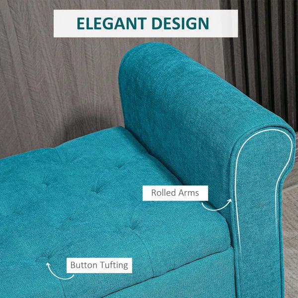 HOMCOM 50 Inches Storage Ottoman Bench, End of Bed Storage Bench with Rolled Arms, Wood Legs, Button Tufted Storage Bench, Teal - product image 6