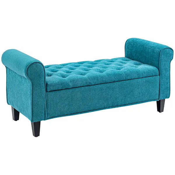 HOMCOM 50 Inches Storage Ottoman Bench, End of Bed Storage Bench with Rolled Arms, Wood Legs, Button Tufted Storage Bench, Teal - product image 1
