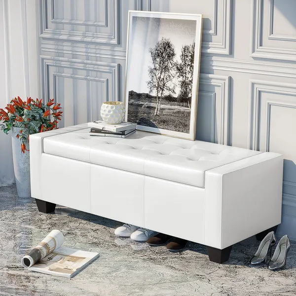 HOMCOM 50.5" Faux Leather Rectangular Tufted Storage Ottoman Bench for Living Room, Entryway, or Bedroom, White - product image 7