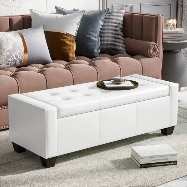 HOMCOM 50.5" Faux Leather Rectangular Tufted Storage Ottoman Bench for Living Room, Entryway, or Bedroom, White - product image 8