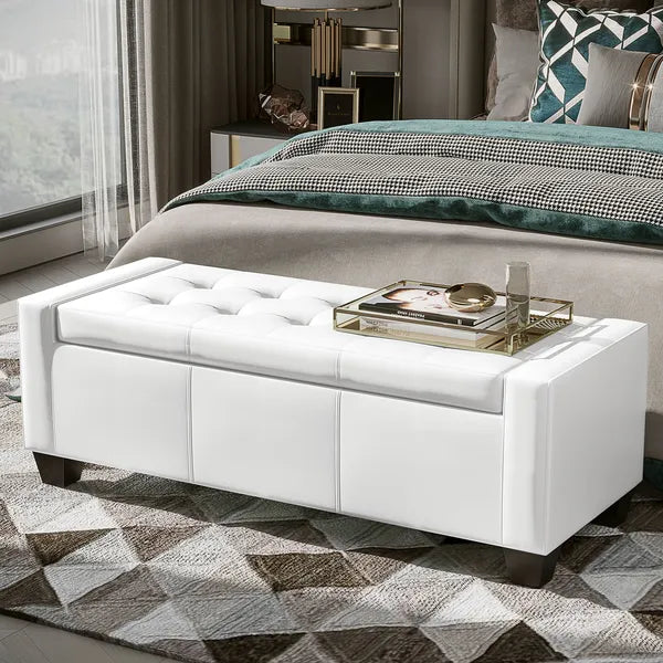 HOMCOM 50.5" Faux Leather Rectangular Tufted Storage Ottoman Bench for Living Room, Entryway, or Bedroom, White - product image 2