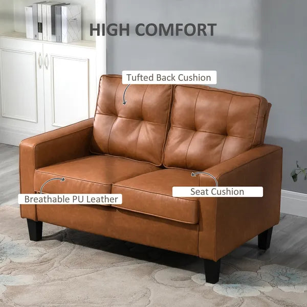 51" Brown 2-Seater Tufted Loveseat, PU Leather Double Sofa with Armrest - product image 4