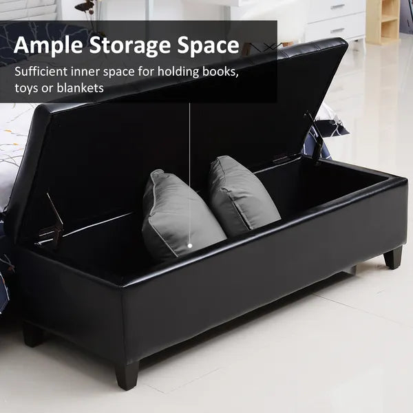 HOMCOM 51" Large Black Storage Ottoman, Rectangular Tufted Faux Leather for Living Room, Entryway, Bedroom - product image 4