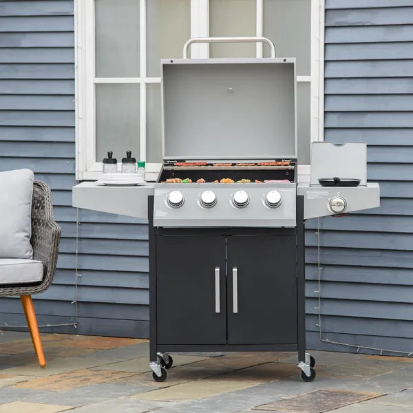 Outsunny 52" Barbecue Grill with Wheels, 4+1 Burner Liquid Propane Gas Grill, Outdoor Cabinet Style BBQ Trolley with Side Burner, Warming Rack, Silver - product image 2