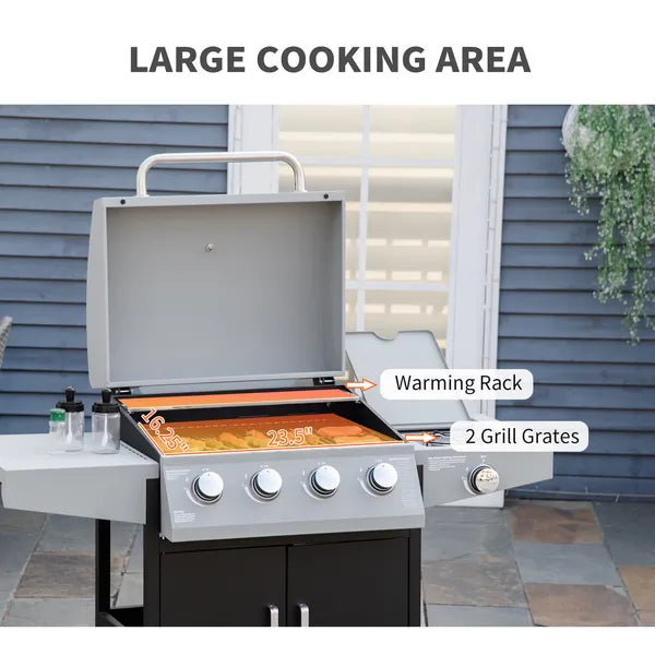 Outsunny 52" Barbecue Grill with Wheels, 4+1 Burner Liquid Propane Gas Grill, Outdoor Cabinet Style BBQ Trolley with Side Burner, Warming Rack, Silver - product image 4