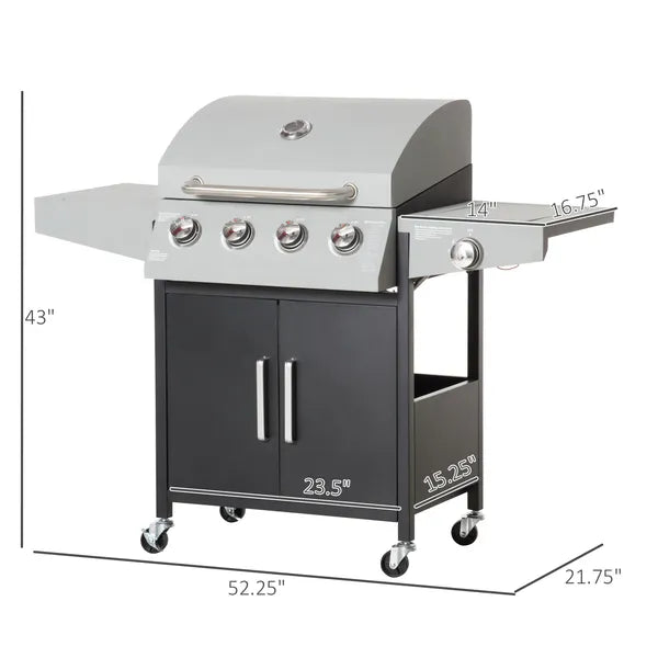 Outsunny 52" Barbecue Grill with Wheels, 4+1 Burner Liquid Propane Gas Grill, Outdoor Cabinet Style BBQ Trolley with Side Burner, Warming Rack, Silver - product image 3