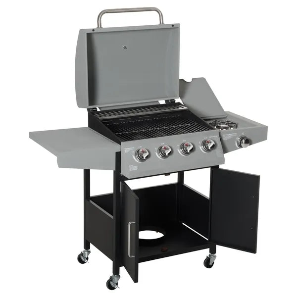 Outsunny 52" Barbecue Grill with Wheels, 4+1 Burner Liquid Propane Gas Grill, Outdoor Cabinet Style BBQ Trolley with Side Burner, Warming Rack, Silver - product image 9