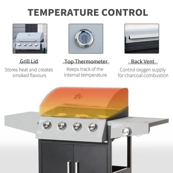 Outsunny 52" Barbecue Grill with Wheels, 4+1 Burner Liquid Propane Gas Grill, Outdoor Cabinet Style BBQ Trolley with Side Burner, Warming Rack, Silver - product image 5