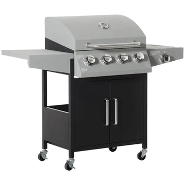 Outsunny 52" Barbecue Grill with Wheels, 4+1 Burner Liquid Propane Gas Grill, Outdoor Cabinet Style BBQ Trolley with Side Burner, Warming Rack, Silver - product image 1