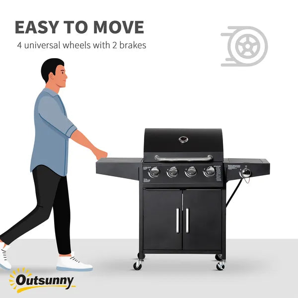 Outsunny 52 Barbecue Grill with Wheels 4+1 Burner Propane Gas Outdoor BBQ Trolley Side Burner Warming Rack Black - product image 7