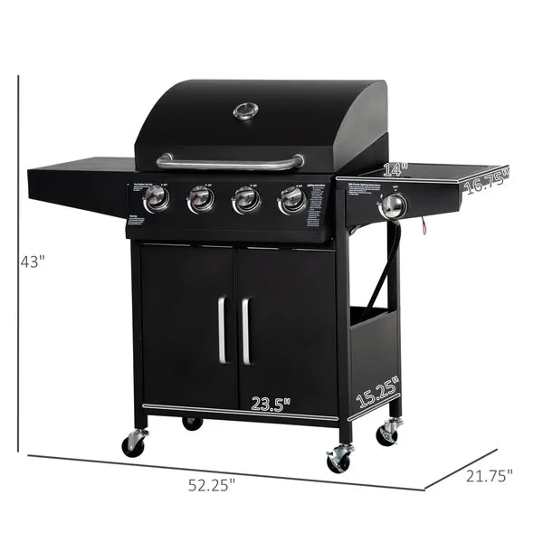 Outsunny 52 Barbecue Grill with Wheels 4+1 Burner Propane Gas Outdoor BBQ Trolley Side Burner Warming Rack Black - product image 3