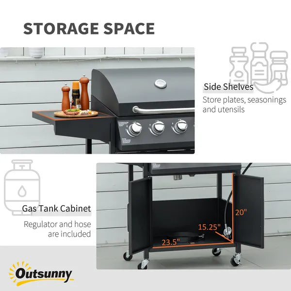Outsunny 52 Barbecue Grill with Wheels 4+1 Burner Propane Gas Outdoor BBQ Trolley Side Burner Warming Rack Black - product image 6