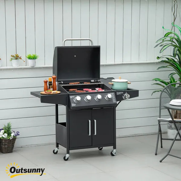 Outsunny 52 Barbecue Grill with Wheels 4+1 Burner Propane Gas Outdoor BBQ Trolley Side Burner Warming Rack Black - product image 2