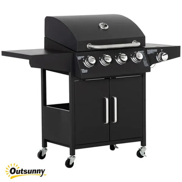 Outsunny 52 Barbecue Grill with Wheels 4+1 Burner Propane Gas Outdoor BBQ Trolley Side Burner Warming Rack Black - product image 1