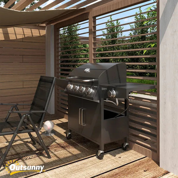 Outsunny 52 Barbecue Grill with Wheels 4+1 Burner Propane Gas Outdoor BBQ Trolley Side Burner Warming Rack Black - product image 9