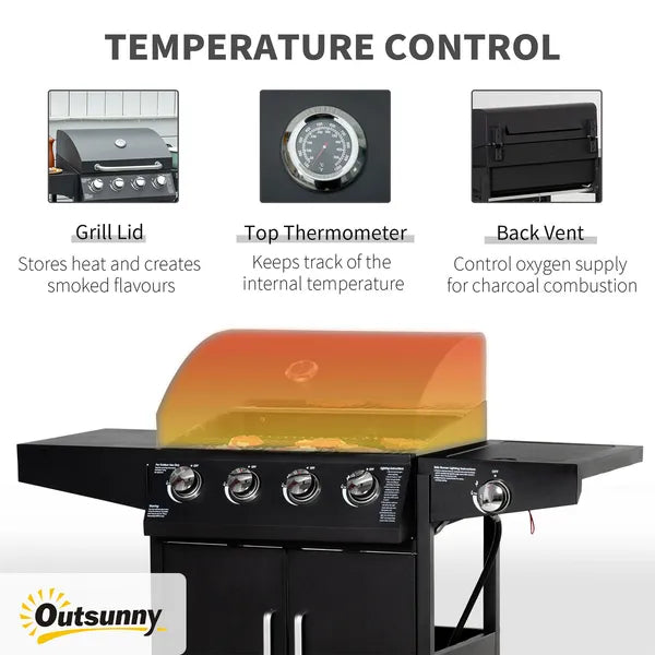 Outsunny 52 Barbecue Grill with Wheels 4+1 Burner Propane Gas Outdoor BBQ Trolley Side Burner Warming Rack Black - product image 5