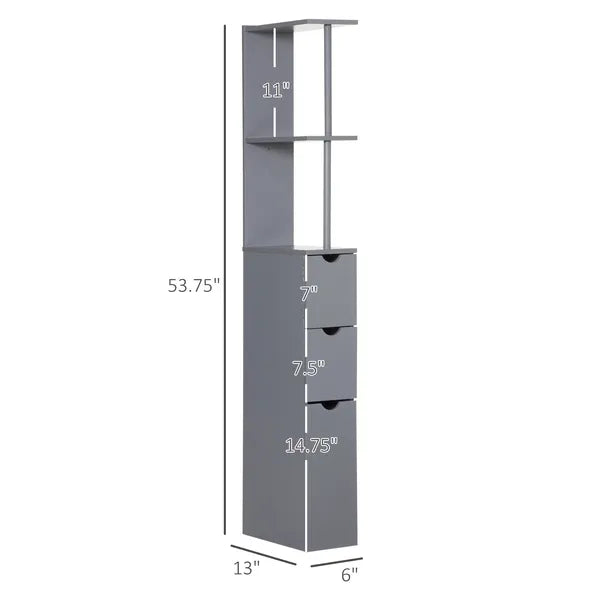 HOMCOM 54" Tall Bathroom Linen Tower, Freestanding Storage Cabinet with 2-Tier Shelf and Drawers, Narrow Organizer, Gray - product image 3